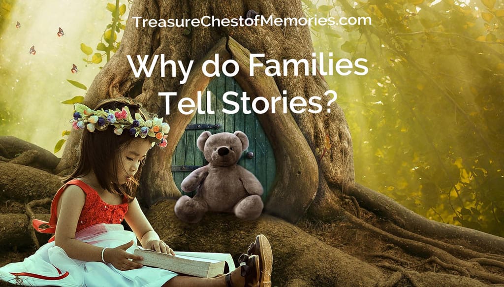 Why do families tell story graphic with child with book 