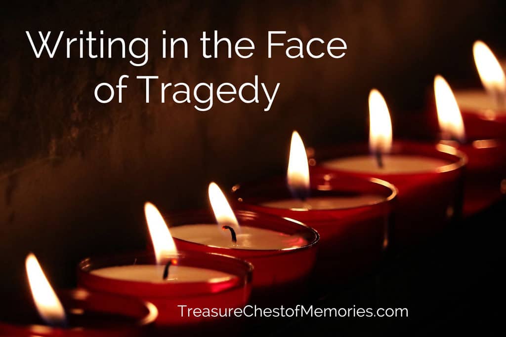 Writing in the face of tragedy graphic with candles 